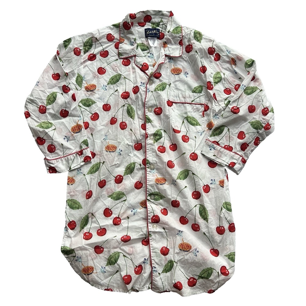 Nick & Nora‎ Nightshirt S/M White Cherry Print Cotton Button Front Sleep Shirt